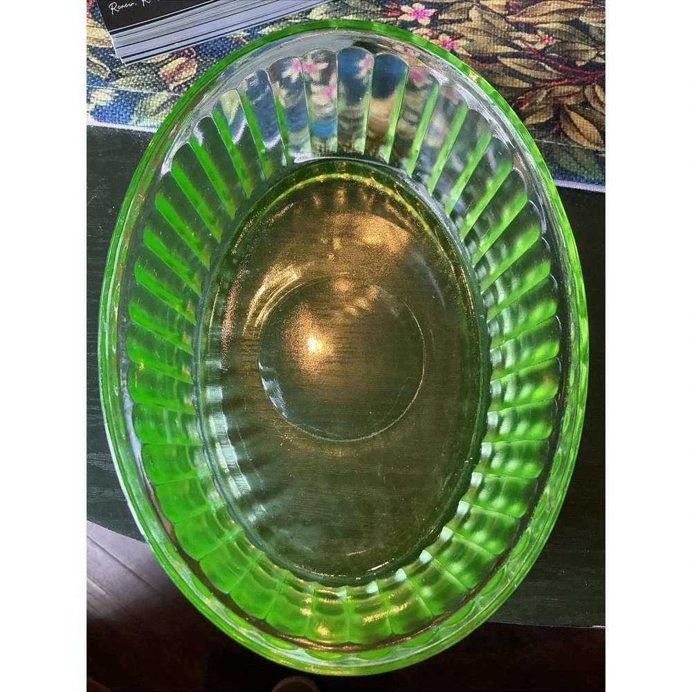 Vintage Uranium Glass Oval Ribbed Refrigerator Dish 7x5.25x2.5